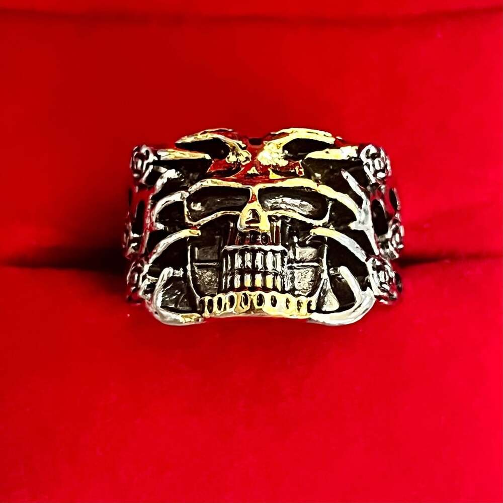 Gothic Skull And Roses Titanium Steel Brushed Silver Two-Tone Ring Size 10